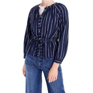 J. Crew Linen Tie Waist Long Sleeve Top Indigo Gauze Stripe SZ 4